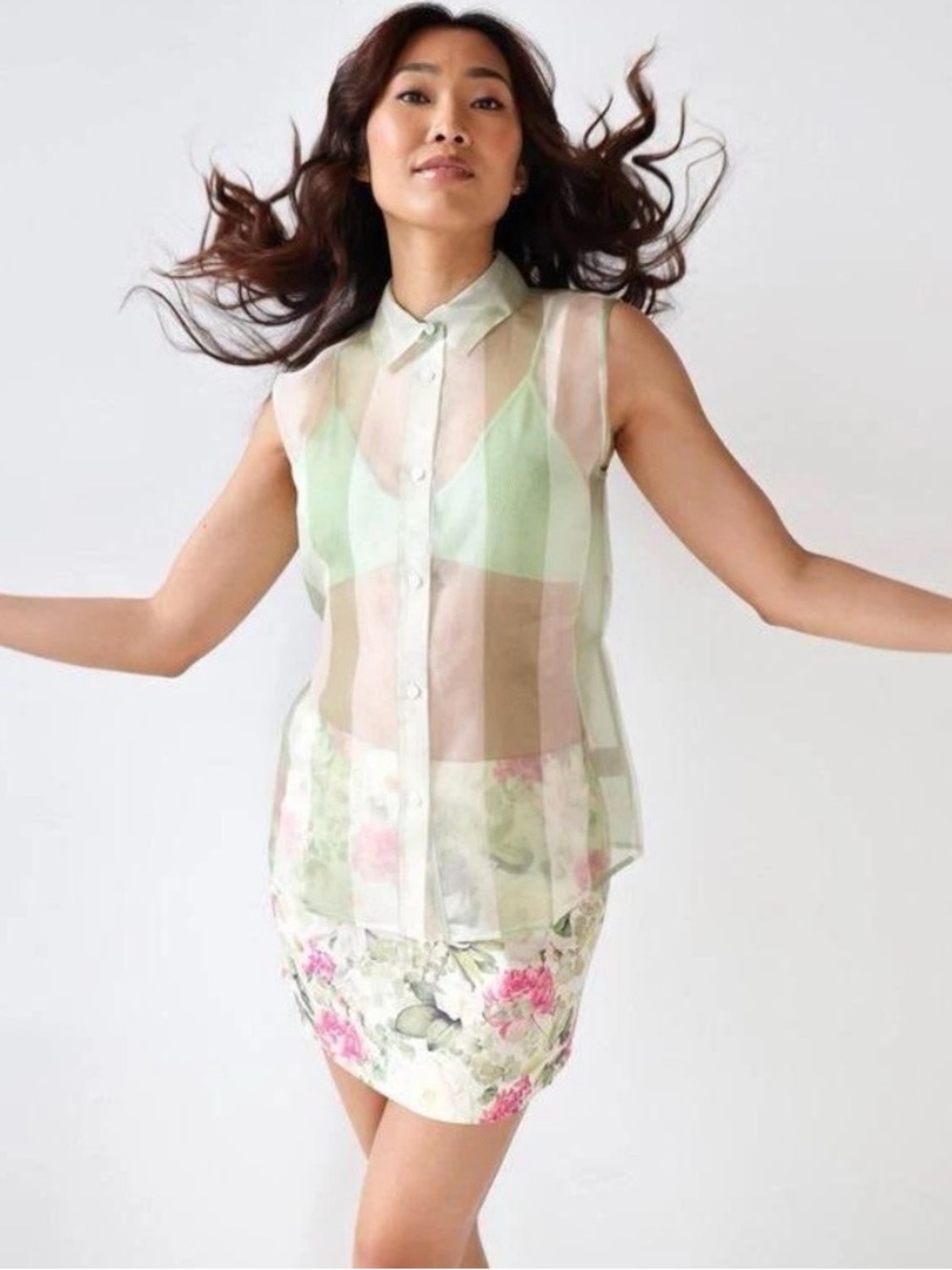 FLORA by Alexandria Marie Organza Button Down Limelight Mint Silk Top S NWT